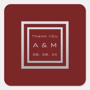 Monogram Dank Grijs Lijst Zilver Bruiloft Maroon Vierkante Sticker