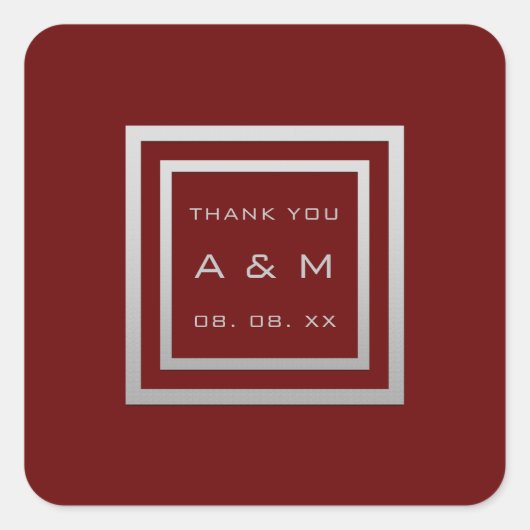 Monogram Dank Grijs Lijst Zilver Bruiloft Maroon Vierkante Sticker (Voorkant)