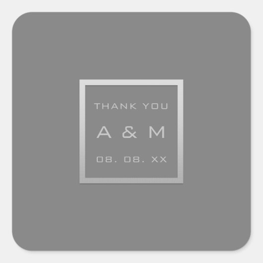 Monogram Dank Grijs Lijst Zilver Datum Bruiloft Vierkante Sticker (Voorkant)