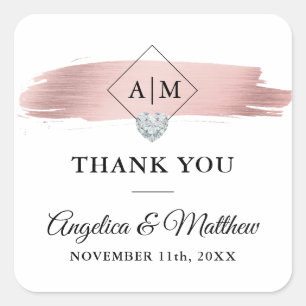 Monogram DANK U Roos Gouden Hart Bruiloft Vierkante Sticker