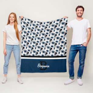 Monogram Dark Blue Black Voetbal Pattern Fleece Deken
