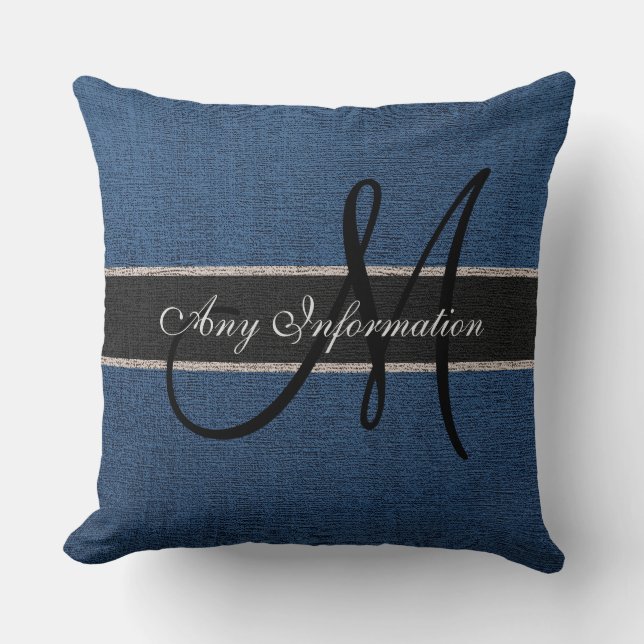Monogram Dark Blue Burlap Rustic Jute Kussen (Voorkant)