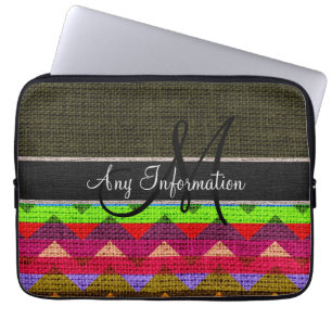Monogram Dark Green Chevron Zigzag Burlap Jute Laptop Sleeve