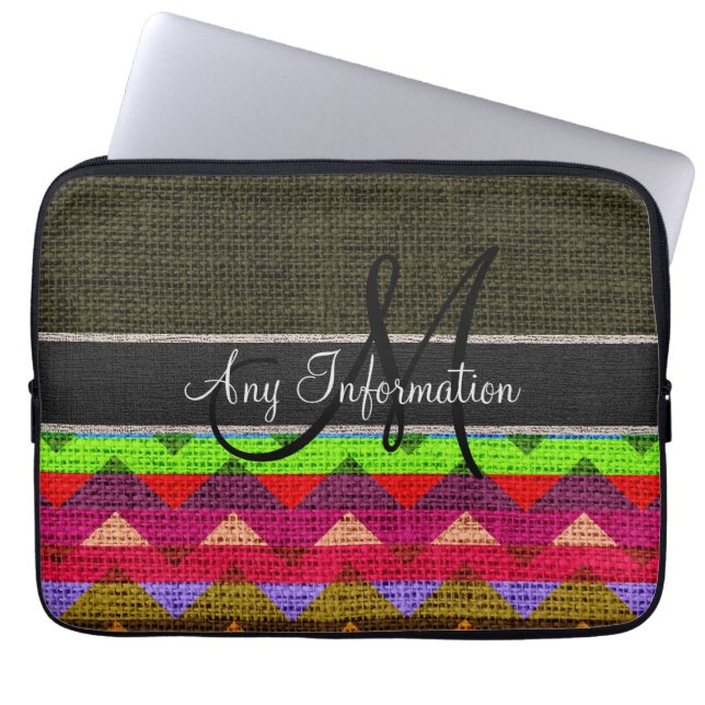 Monogram Dark Green Chevron Zigzag Burlap Jute Laptop Sleeve (Voorkant)
