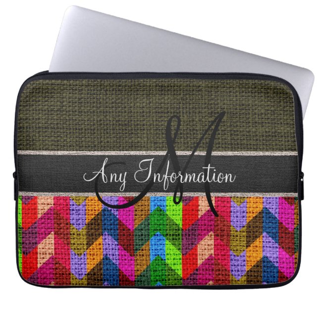 Monogram Dark Green Chevron Zigzag Burlap Jute Laptop Sleeve (Voorkant)