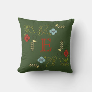 Monogram Dark Green Flowers Wedding Pillow Kussen