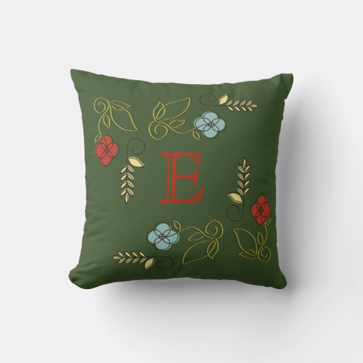 Monogram Dark Green Flowers Wedding Pillow Kussen (Voorkant)