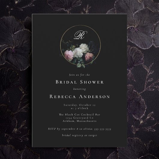 Monogram Dark Moody Flowers Wedding Vrijgezellenfe Kaart