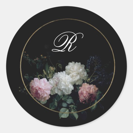 Monogram Dark Moody Flowers Wedding Vrijgezellenfe Ronde Sticker (Voorkant)