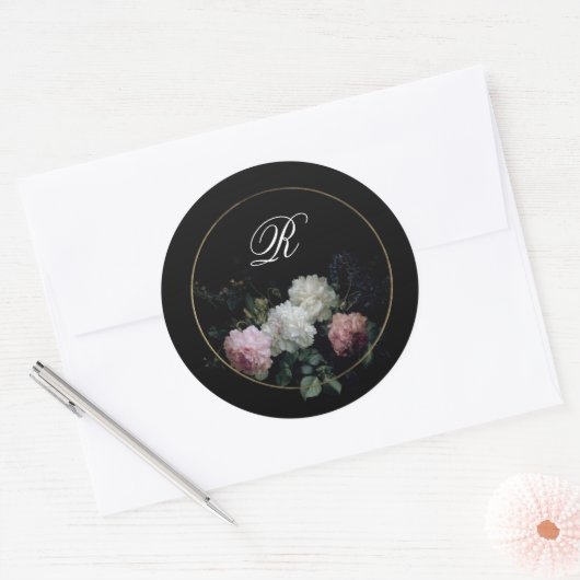 Monogram Dark Moody Flowers Wedding Vrijgezellenfe Ronde Sticker (Envelop)