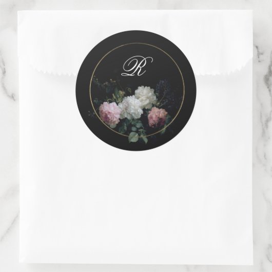 Monogram Dark Moody Flowers Wedding Vrijgezellenfe Ronde Sticker (Tas)