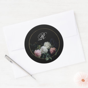 Monogram Dark Moody Flowers Wedding Vrijgezellenfe Ronde Sticker