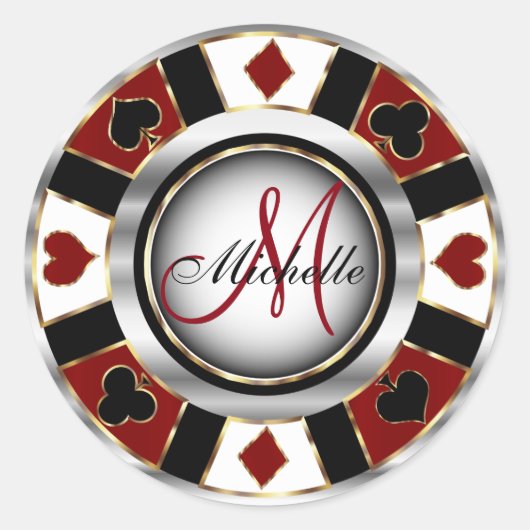 Monogram Dark Red Casino Poker Chip Design Ronde Sticker (Voorkant)