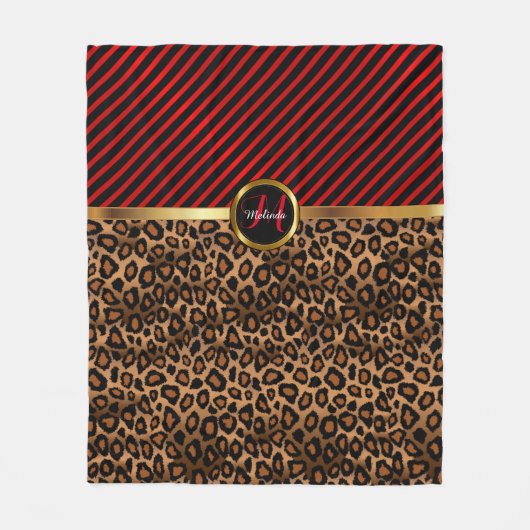 Monogram Dark Red en Leopard Animal Print Fleece Deken (Voorkant)