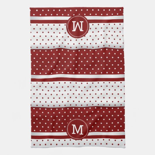 Monogram Dark Red en White Polka Dot Theedoek (Verticaal)