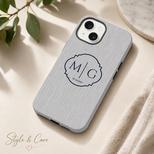 Monogram Datum Premium Geborsteld Zilveren Metaals iPhone Hoesje