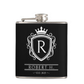 Monogram decoratief schild kroon zwart heupfles (Voorkant)