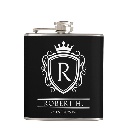 Monogram decoratief schild kroon zwart heupfles (Voorkant)