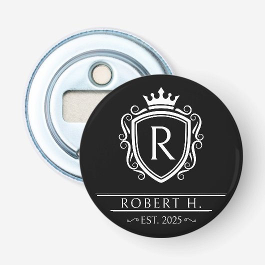 Monogram Decorative Shield Crown Black Button Flesopener (Voorkant)