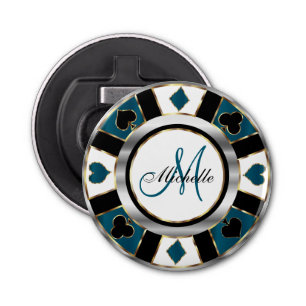 Monogram Deep Blue Blauwgroen Poker Chip Design Button Flesopener