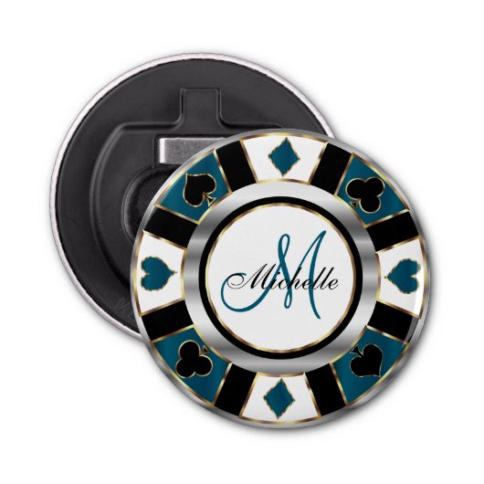 Monogram Deep Blue Blauwgroen Poker Chip Design Button Flesopener (Voorkant)