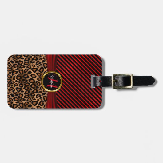 Monogram Deep Red Leopard Animal Print Bagagelabel (Voorkant horizontaal)