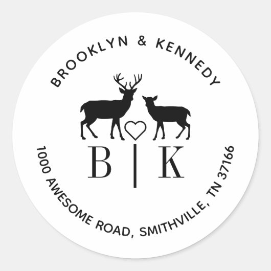 Monogram Deer Wedding Couple Name Return Address Ronde Sticker (Voorkant)