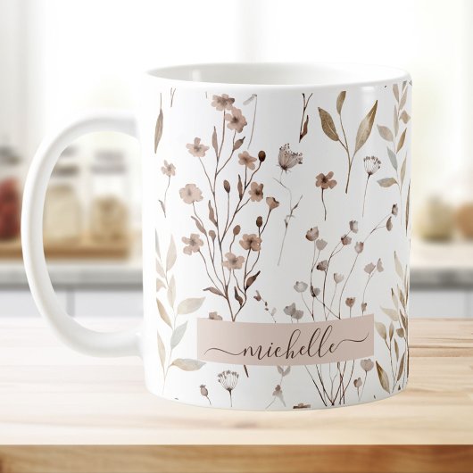 Monogram Delicate Brown Wildflowers Leaves Koffiemok