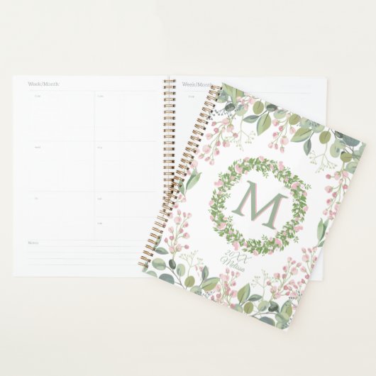 Monogram Delicate Sage Pink Floral Journal/Planner Planner (Display)
