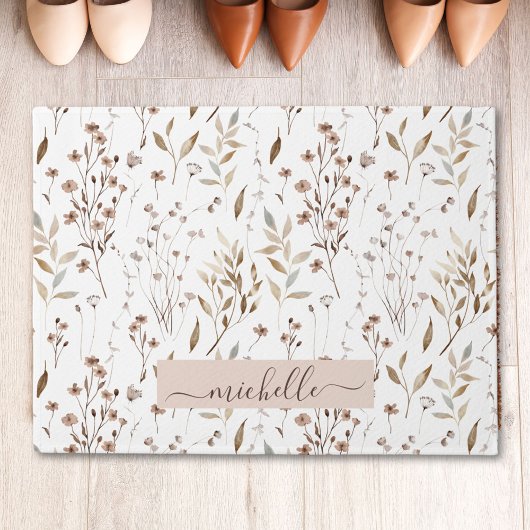 Monogram Delicate Waterverf Bruine Bloemen Bladere Deurmat