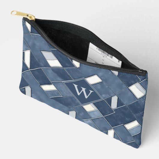 Monogram Denim Blauwe en Witte Patchwork Lattice Etui (Open)