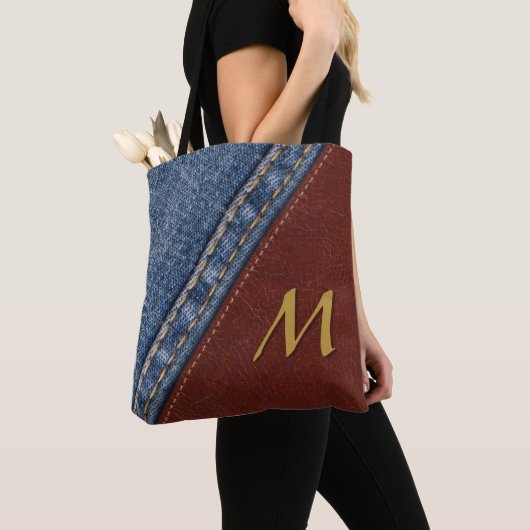  Monogram Denim en Leder Tote Bag (Dichtbij)