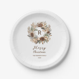 Monogram Denneappel Winterkrans  Prettig Kerstfees Papieren Bordje
