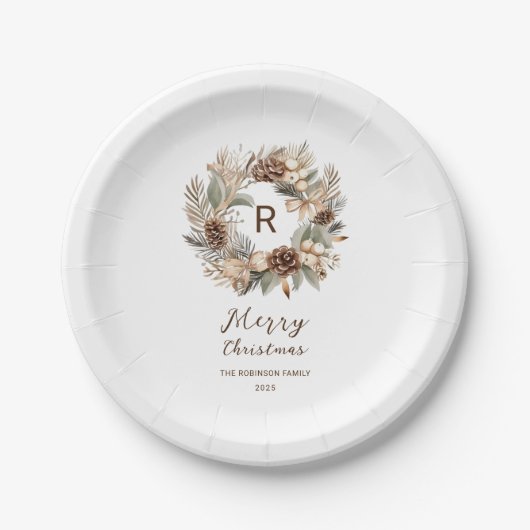 Monogram Denneappel Winterkrans Prettig Kerstfees Papieren Bordje (Voorkant)