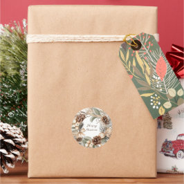 Monogram Denneappel Winterkrans  Prettig Kerstfees Ronde Sticker