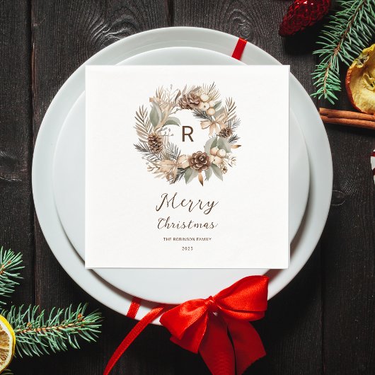 Monogram Denneappel Winterkrans  Prettig Kerstfees Servet