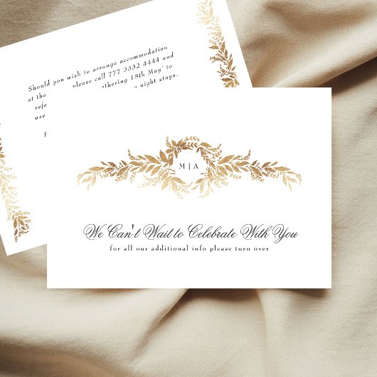 monogram details elegant gold botanical wedding informatiekaartje