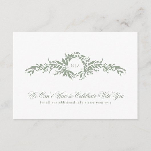 Monogram Details Elegante Sage Green Leafy Wedding Informatiekaartje (Voorkant)