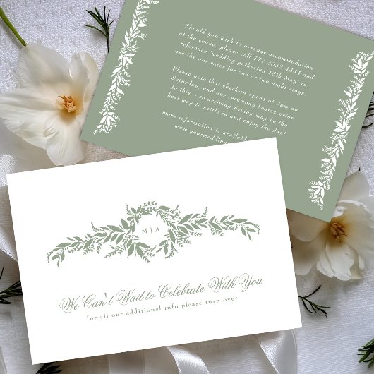 Monogram Details Elegante Sage Green Leafy Wedding Informatiekaartje