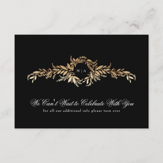 Monogram Details Zwart & Goud Botanische bruiloft Informatiekaartje (Voorkant)
