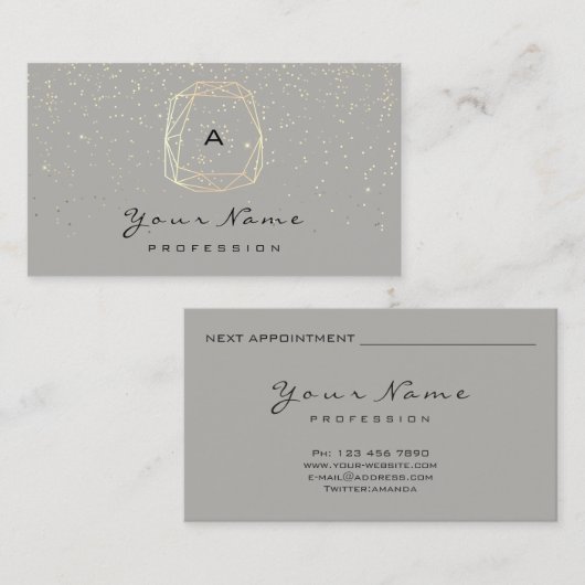 Monogram Diamond Grijs Goud Confetti Blogger Afsprakenkaartje (Voorkant / Achterkant)