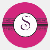 Monogram dieproze zwarte kant dieprood ronde sticker (Voorkant)