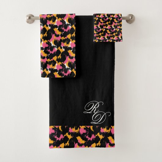 Monogram Dierenprint Roze Sinaasappel Zwart Bad Handdoek (Insitu)