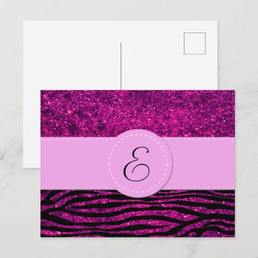 Monogram - Dierlijke afdruk, Zebra, glitter - Roze Briefkaart (Voorkant / Achterkant)