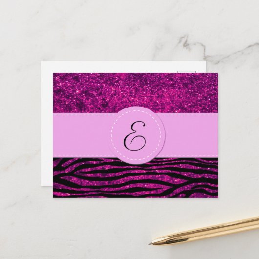 Monogram - Dierlijke afdruk, Zebra, glitter - Roze Briefkaart (Voorkant / Achterkant in situ)