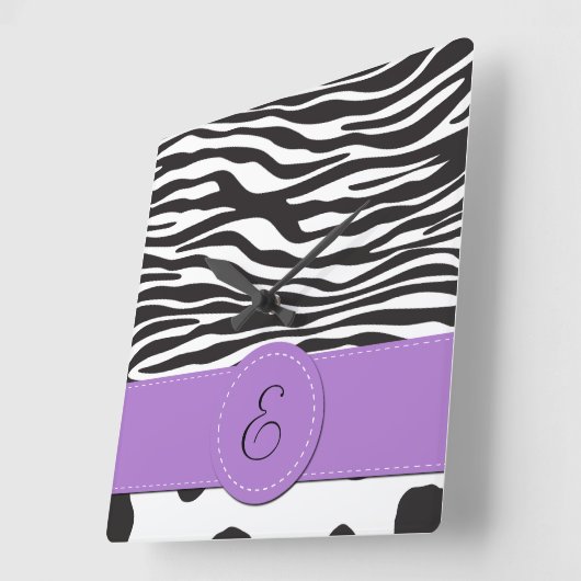 Monogram - Dierlijke Druk, Koe, Zebra - Zwart Wit Vierkante Klok (Hoek)