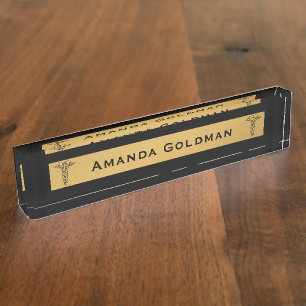 Monogram Doctor Nurse Black en Gold Caduceus Naambordje