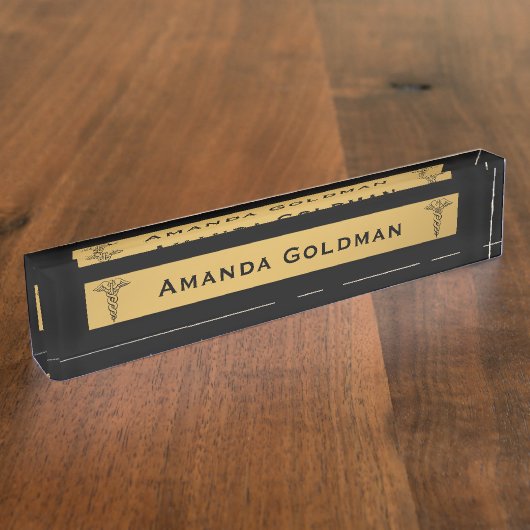 Monogram Doctor Nurse Black en Gold Caduceus Naambordje (Zijkant)