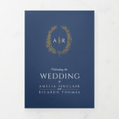 Monogram donkerblauw gouden blad bruiloft optie RS Drieluik Uitnodiging (Cover)