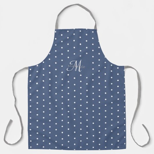 Monogram Donkerblauw Grijs Wit Polka Dots Chic Schort (Voorkant)